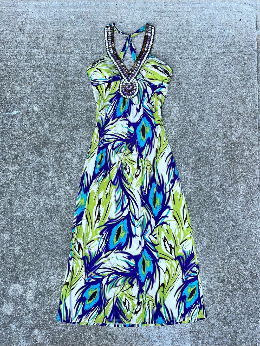 Rare Y2K Vintage Roulette Peacock Feather Halter Maxi Dress Beaded Neckline M
